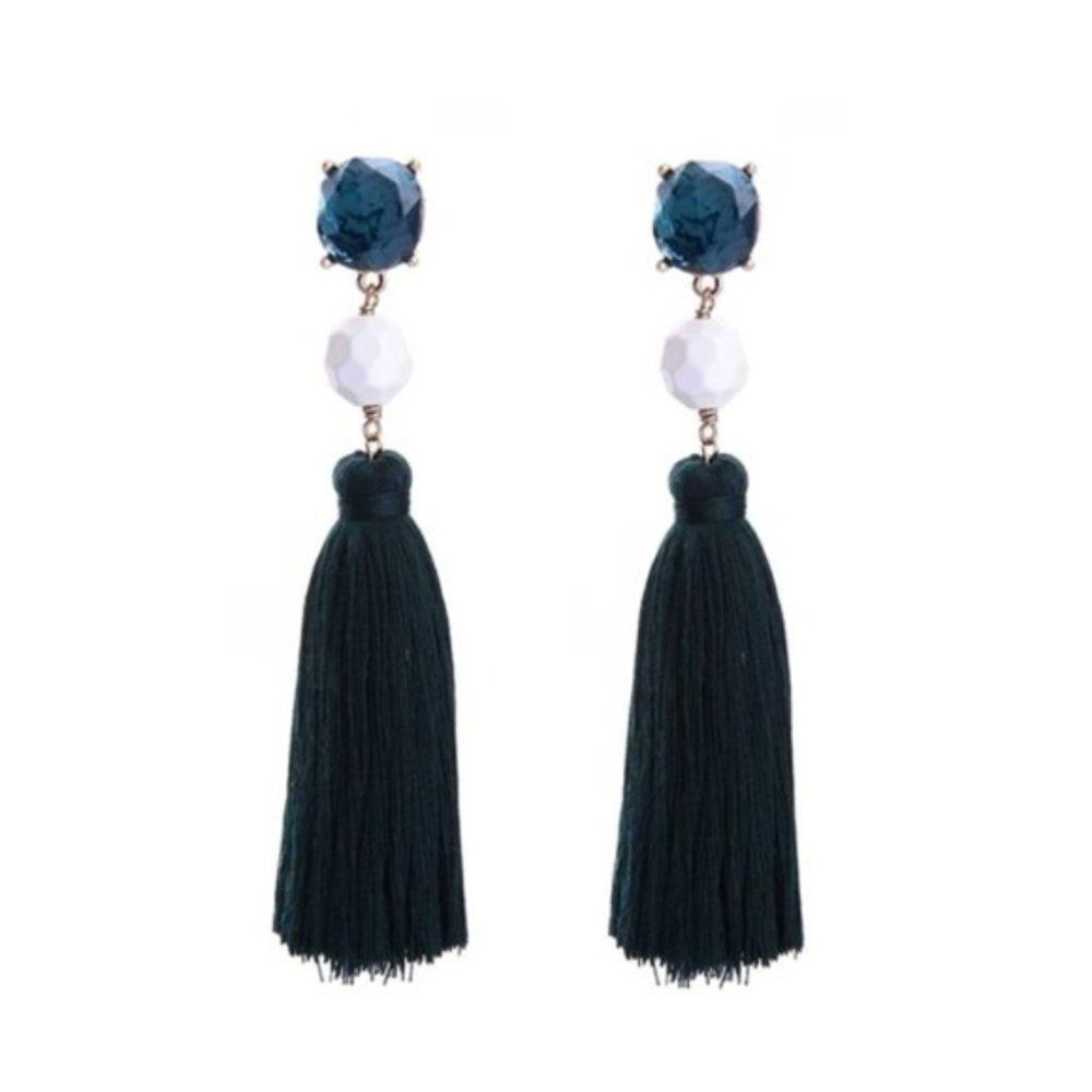 Blue White Rhinestone Tassel Fringe Vintage Gold Dangle Statement Earrings